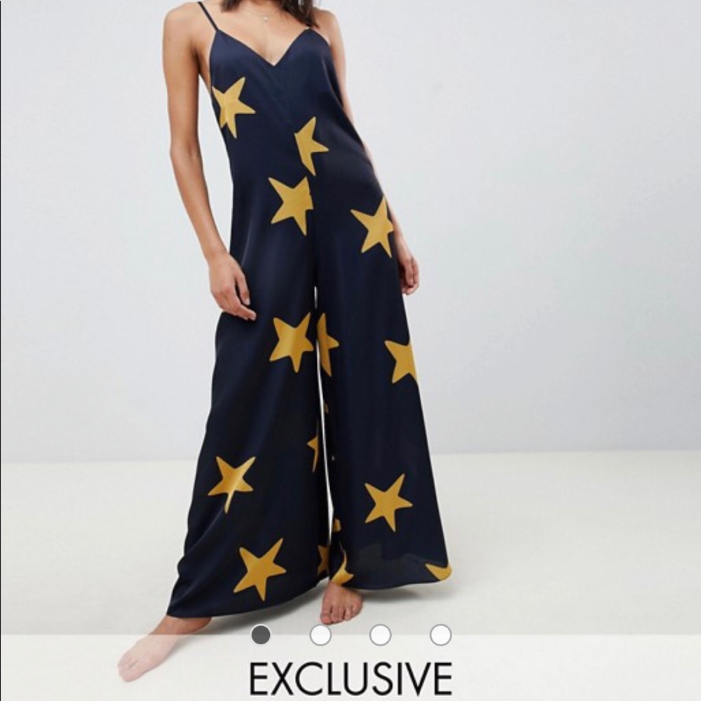 ASOS Design Star Print Satin Plunge Jumpsuit